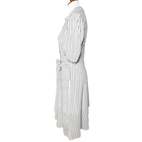 1. State White Pinstripe Tie Waist Asymmetrical High Low Short Sleeve Shittdress - Picture 7 of 12